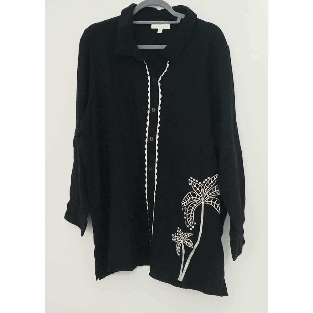 Susan Graver Soleil Top Women's 2XP Black Gauze Button Front Embroidery Petite